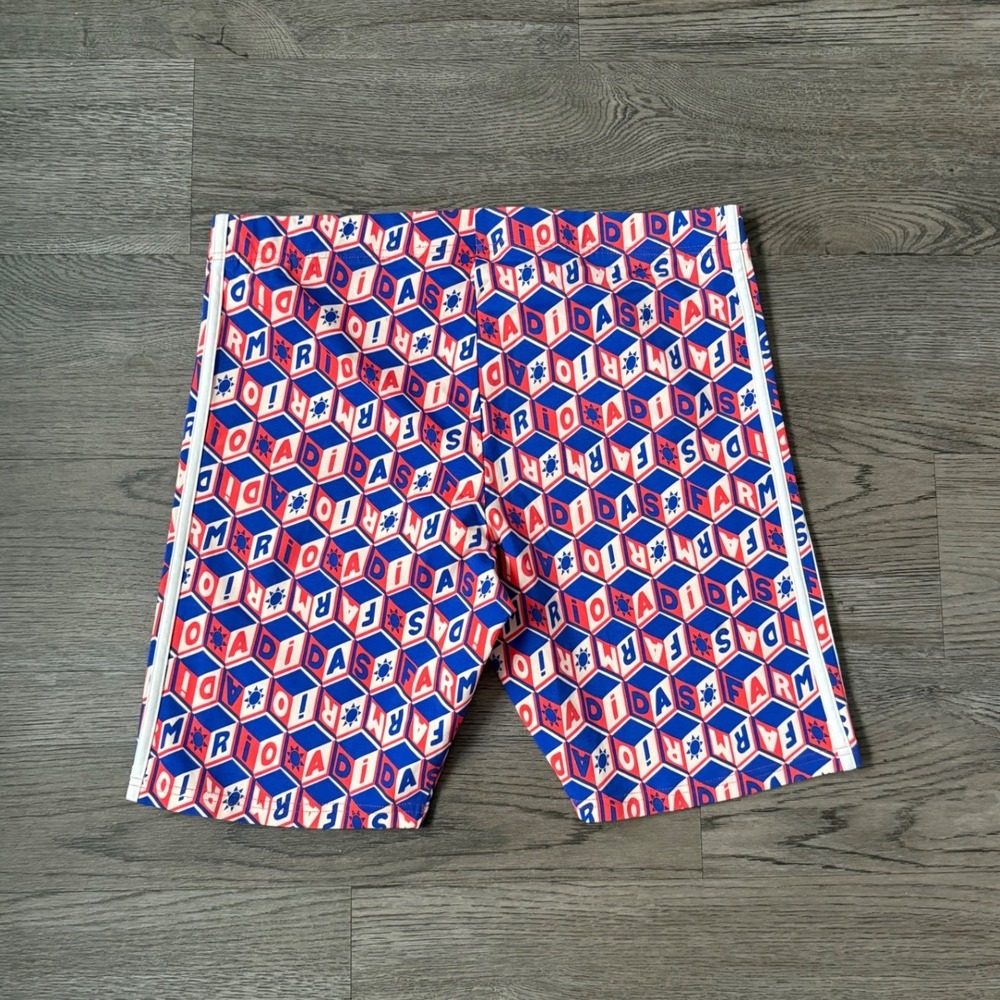 adidas x FARM Rio Cotton Bike Activewear Shorts Women XL Red Blue Logo Print NWT - Picture 7 of 13